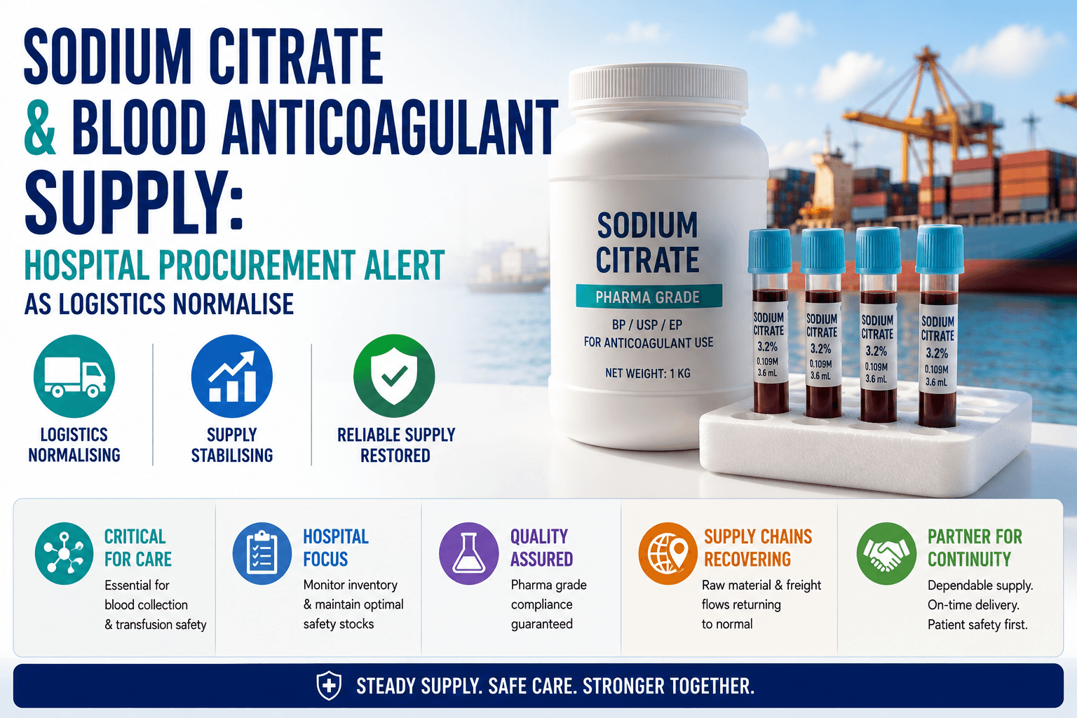 Approvisionnement en citrate de sodium et en anticoagulants sanguins : alerte en matière d'approvisionnement des hôpitaux alors que la logistique se normalise