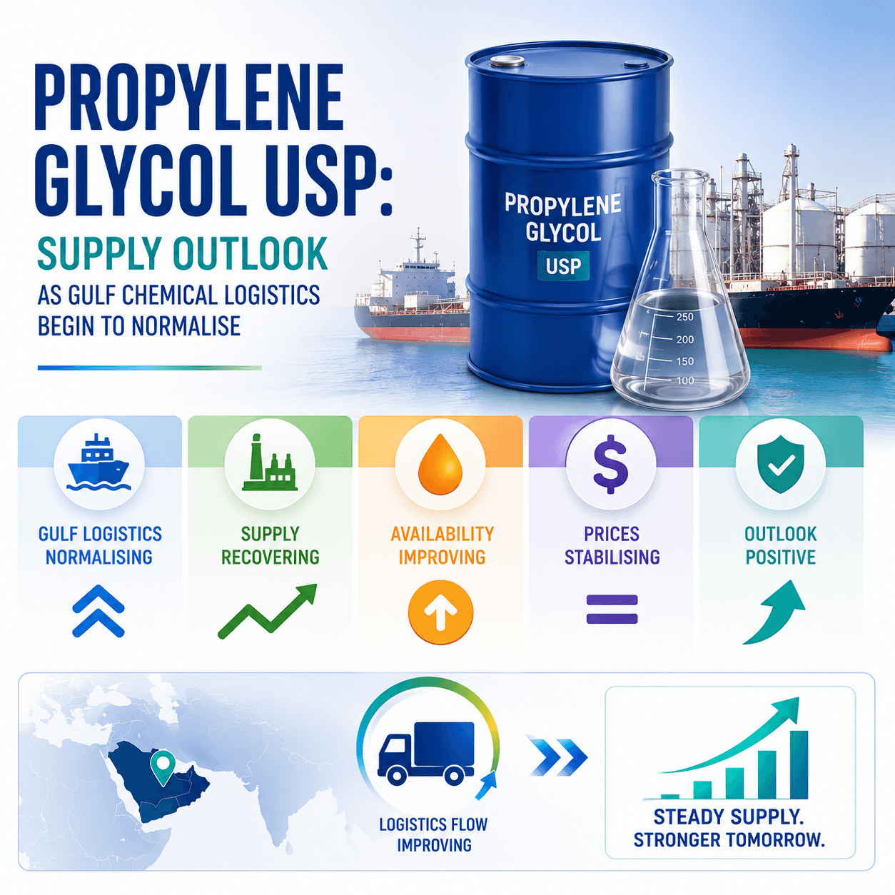 Propylène glycol USP : perspectives d'approvisionnement alors que la logistique chimique du Golfe commence à se normaliser